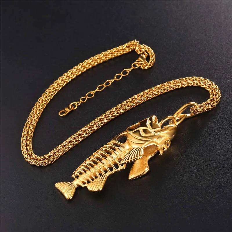 New Big Fish Bone Pendant Necklaces With Fishing Hook Stainless Steel/Gold  Color Men Punk Biker Jewelry 2017 Wholesale GP2457