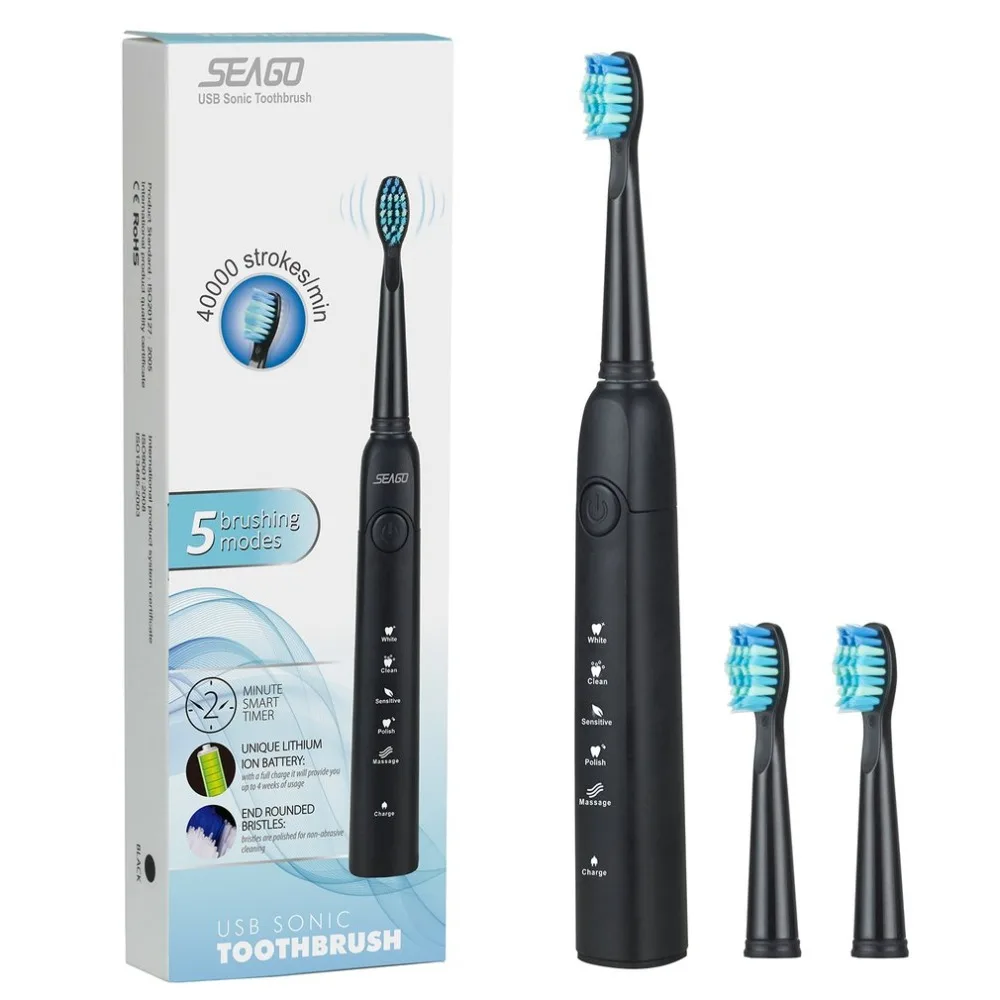 Seago акустическая волна электрические зубные щётки USB перезаряжаемые Smart Timer Sonic 5 дополнительных режимов зубная щетка кисточки