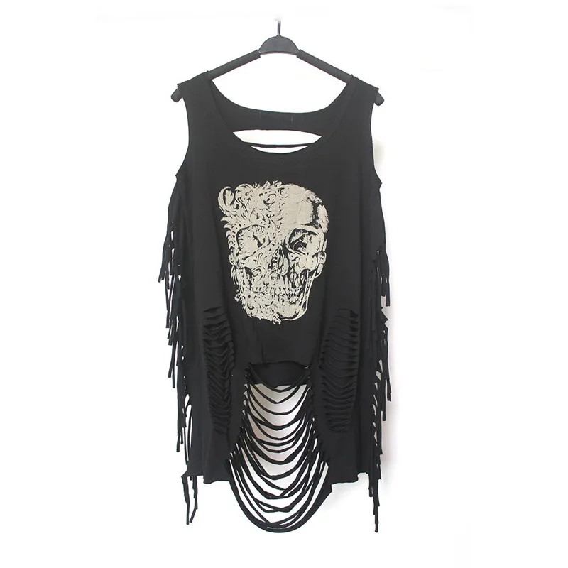 2017 Fashion Punk Tank Top Women Summer Loose Cotton Sleeveless Skull Tank Top Black Sexy Holes