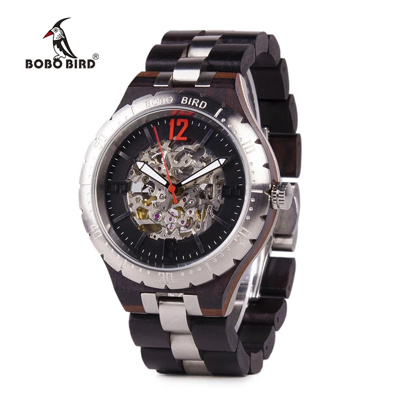 بوبو الطيور التلقائي ساعات آلية الرجال ساعة اليد الخشبية اليابانية حركة الفولاذ المقاوم للصدأ الذكور forsining في هدية الخشب مربع