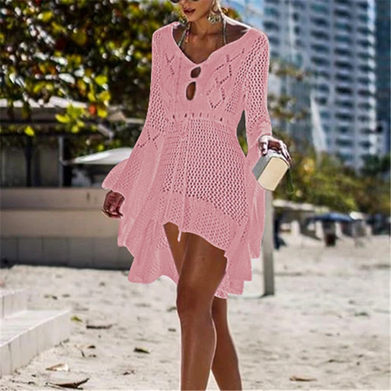 Women's Sexy Pink Crochet Tunic Cover-Ups