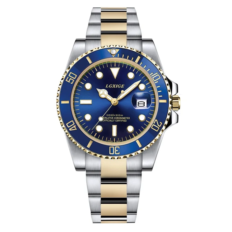 Золотые мужские часы Топ Бренд роскошные часы-для мужчин бизнес Дата полностью нержавеющая сталь наручные часы meskie diver relogio masculino - Цвет: silver gold blue