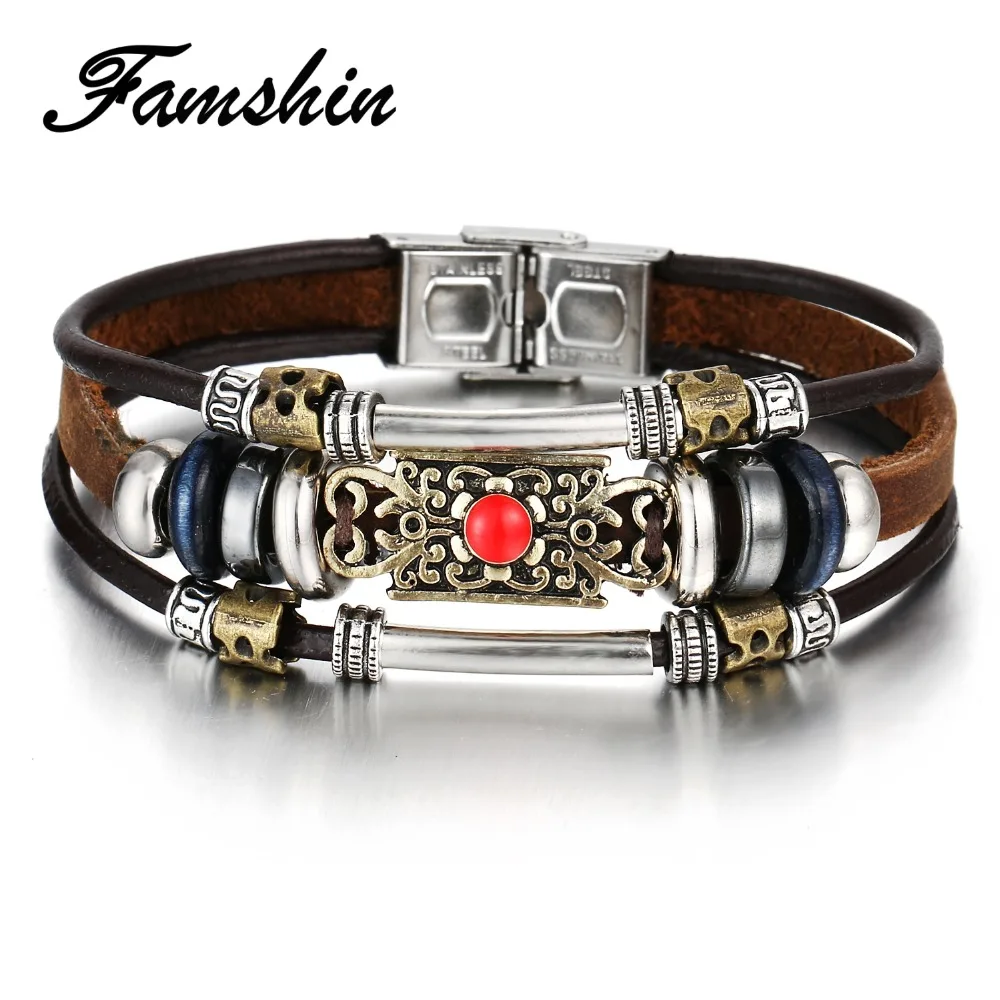 

FAMSHIN New Vintage Flower Bracelets & Bangle Boho Multiple Layers Leather Bracelets Handmade Female Punk Jewelry for Women Man
