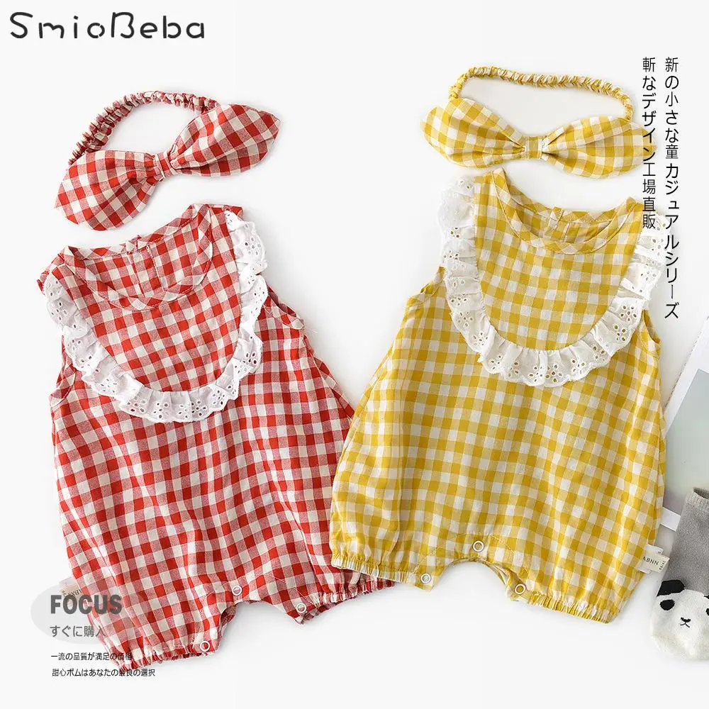 

Summer 2019 Baby's Chequered Lace Sleeve Rompers Girls Kids Connected Striped Yellow Butterfly Tie Hair Band Rompers 2PCS Sets