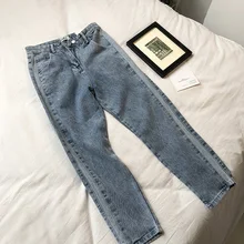 LMCAVASUN винтажные боковые полосы женские джинсы с высокой талией синие джинсовые брюки