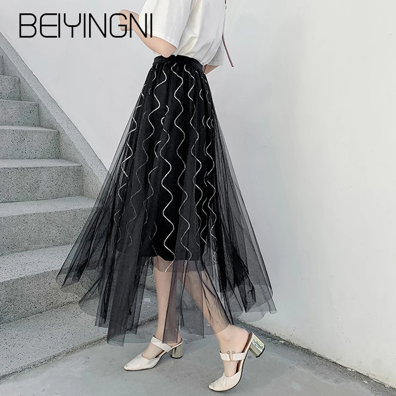 

Beiyingni Spring Summer Pleated Sequin Mesh Skirt Womans Fashion Korean High Waist Party Saias Princess Slim Skirts Faldas Sweet