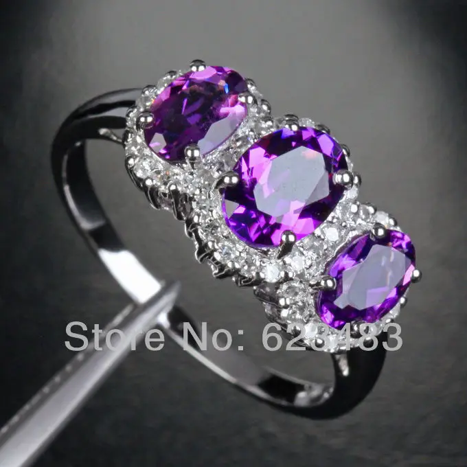 

5x7mm Dark Purple Amethyst 3 Stones 14ktt White Gold .32ct .s Wedding Ring