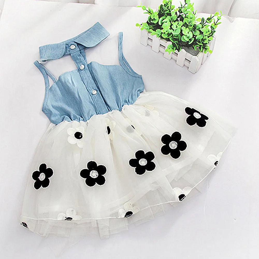 

Denim Flowers Print Mini Dress Sundress Floral Print Toddler Infant Baby Girls Sleeveless Patchwork Princess Denim Dress Outfit