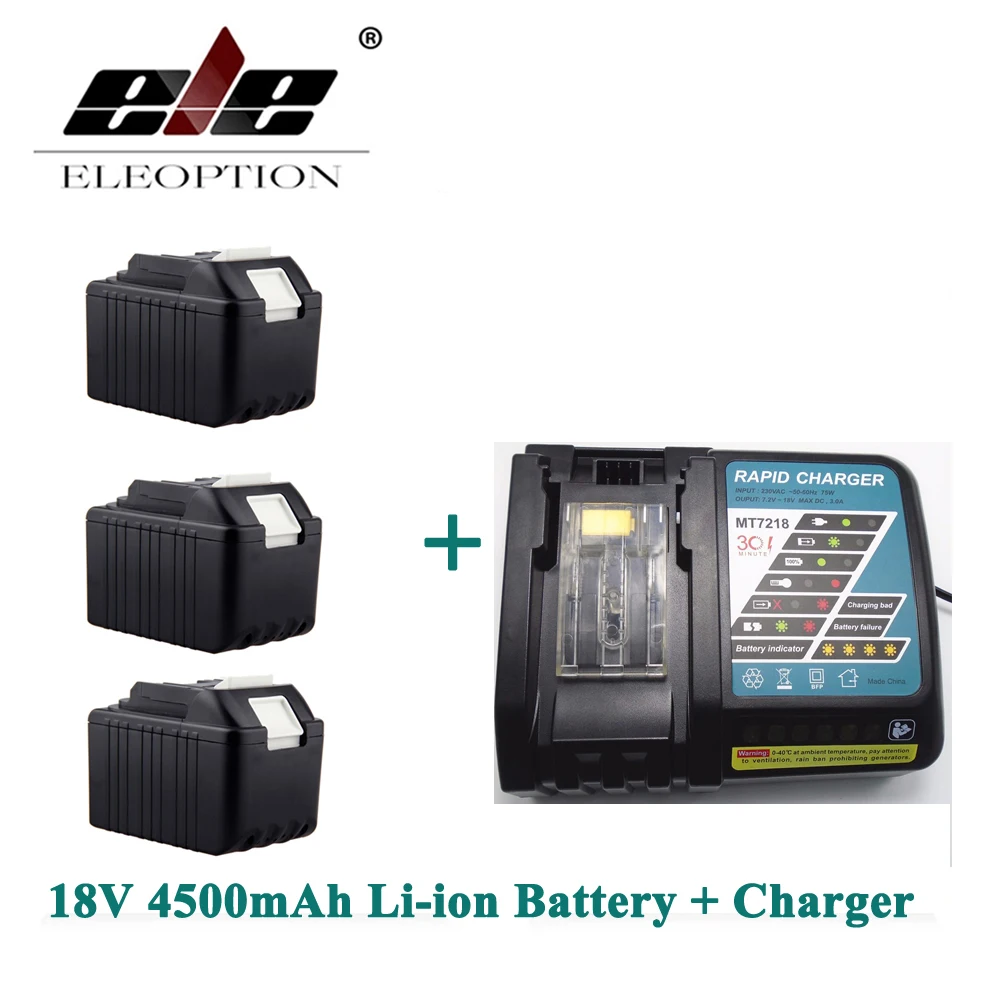 

ELEOPTION 3PCS Rechargeable Power Tool battery for Makita 4500mAh 18V Li-ion BL1830 LXT400 194205-3 BL1840 Battery + Charger