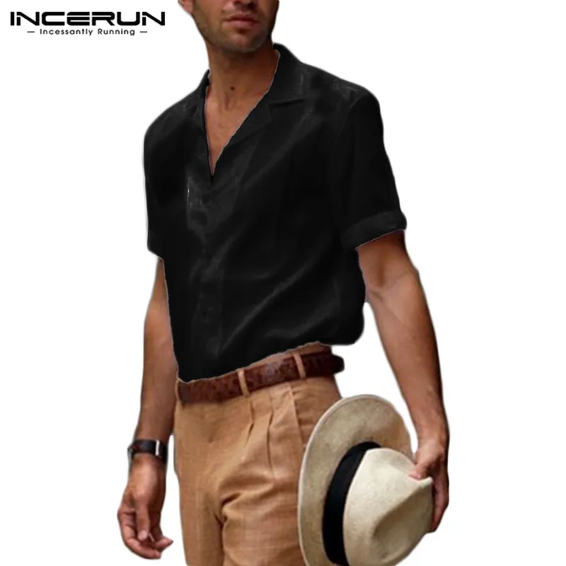 

INCERUN High Quality 2020 Men Casual Solid Color Short Sleeve Lapel Shirt Business Slim Handsome Simple Summer Camisa Masculina