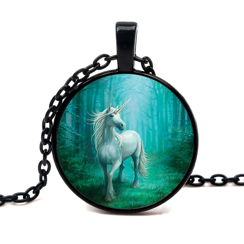 

3 Color Fashion Vintage Steampunk Style White Unicorn Art Photo Retro Pendant Chain Dome Chain Jewelry For Girl Women
