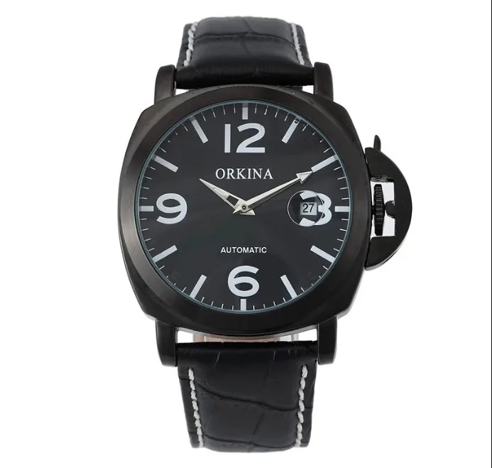 New ORKINA Classic Black Dial Auto Date Display Brown Genuine Leather Band Analog Business Quartz Wrist