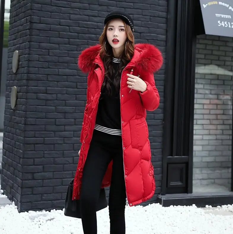 Модная зимняя одежда, большой меховой воротник, женские пальто,, зимнее пальто, женская парка, длинная, толстая, тонкая, женские пальто и куртки, верхняя одежда - Цвет: Красный