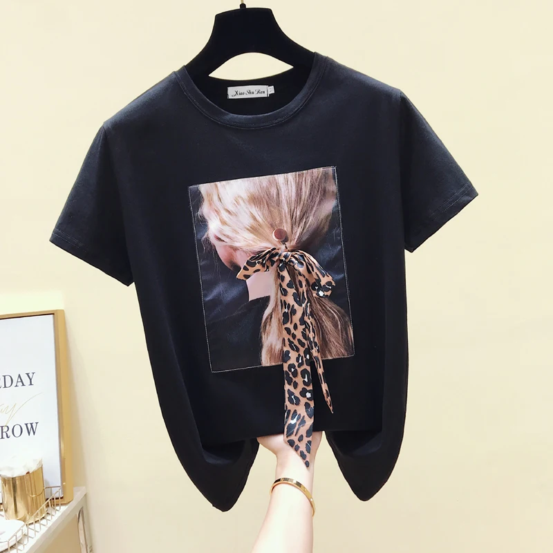 

GGRIGHT Korea Style Fashion T-shirt Women Tops Cotton Short Sleeve Funny Bow White Tshirt Women Summer Top Black Tee Shirt 2019