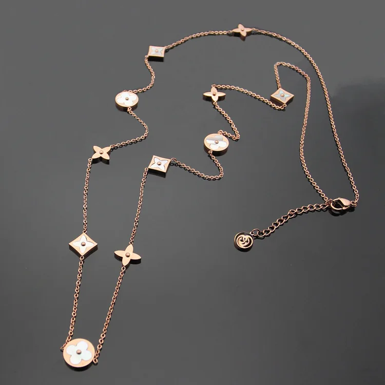 

Titanium steel Foreign trade charm white Shell Necklace leaf long sweater chain necklace 11 flowers Long Necklace for women