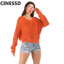 CINESSD Knitted Sweaters Women V Neck Long Sleeves Solid Pullovers Tops Orange Loose Casual Tee Shirts 2019 Autumn Lady Sweaters white v neck cold shoulder long sleeves sweaters