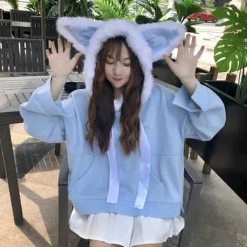 

Cute Winter Hoodies Female Warm Hooded Shirts 2018 Newest Thick Preppy Style Animal Ears Long Sleeve Pocket Tops Women Fashion