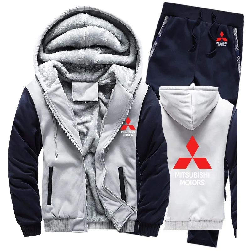 Hoodies Men Mitsubishi Car Logo Mens Hoodies Suit Winter Thicken Warm Fleece cotton Zipper Tracksuit Mens Jacket+Pants 2Pcs Sets