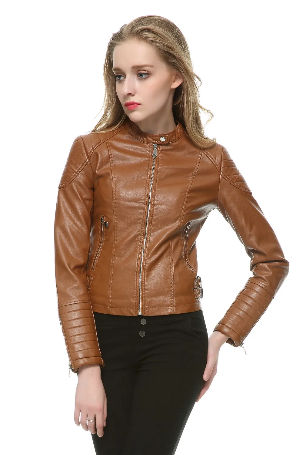2020 Fashion Women Elegant Zipper Faux Leather Biker Jacket in Brown Black Slim Ladies Coat Casual brand Motorcycle Leather Coat