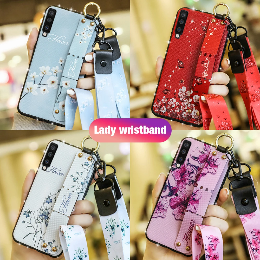 

Phone Case For Samsung Galaxy S7 Edge S8 S9 PIus S10 Lite J3 J5 J7 2017 A10 A30 A50 Case Silicone Wrist Strap Holder Stand Cover