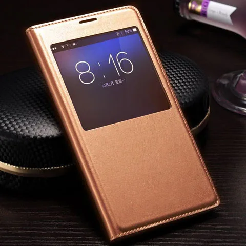 Smart View Auto Sleep Wake Function With Chip Leather Case Flip Cover Holster For Samsung Galaxy S5 I9600 G900 G900F G900H G900M - Цвет: Dark golden