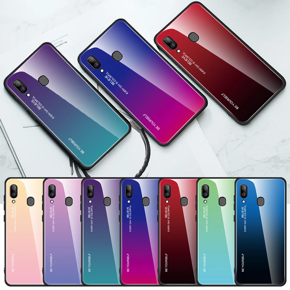 

Gradient Tempered Glass Phone Case For Samsung Galaxy A50 M40 A60 A40 A30 M20 M30 J4 J6 Plus A7 2018 Hard Glass Back Cover Coque