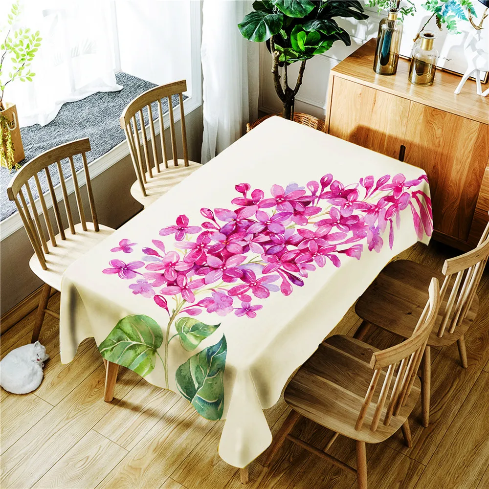 

3D Printed tablecloth Purple Flowers Green Leaves Pattern Polyester Tablecloth Waterproof Rectangular Wedding Party Table Cover
