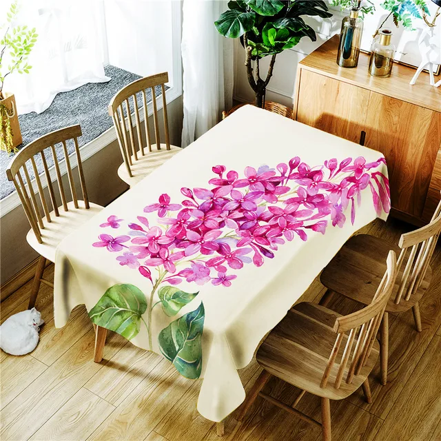Printed Tablecloth Purple Flowers Green Leaves Pattern Polyester Printed Tablecloth Purple Flowers Green Leaves Pattern Polyester Waterproof Rectangular Wedding Party Table Cover