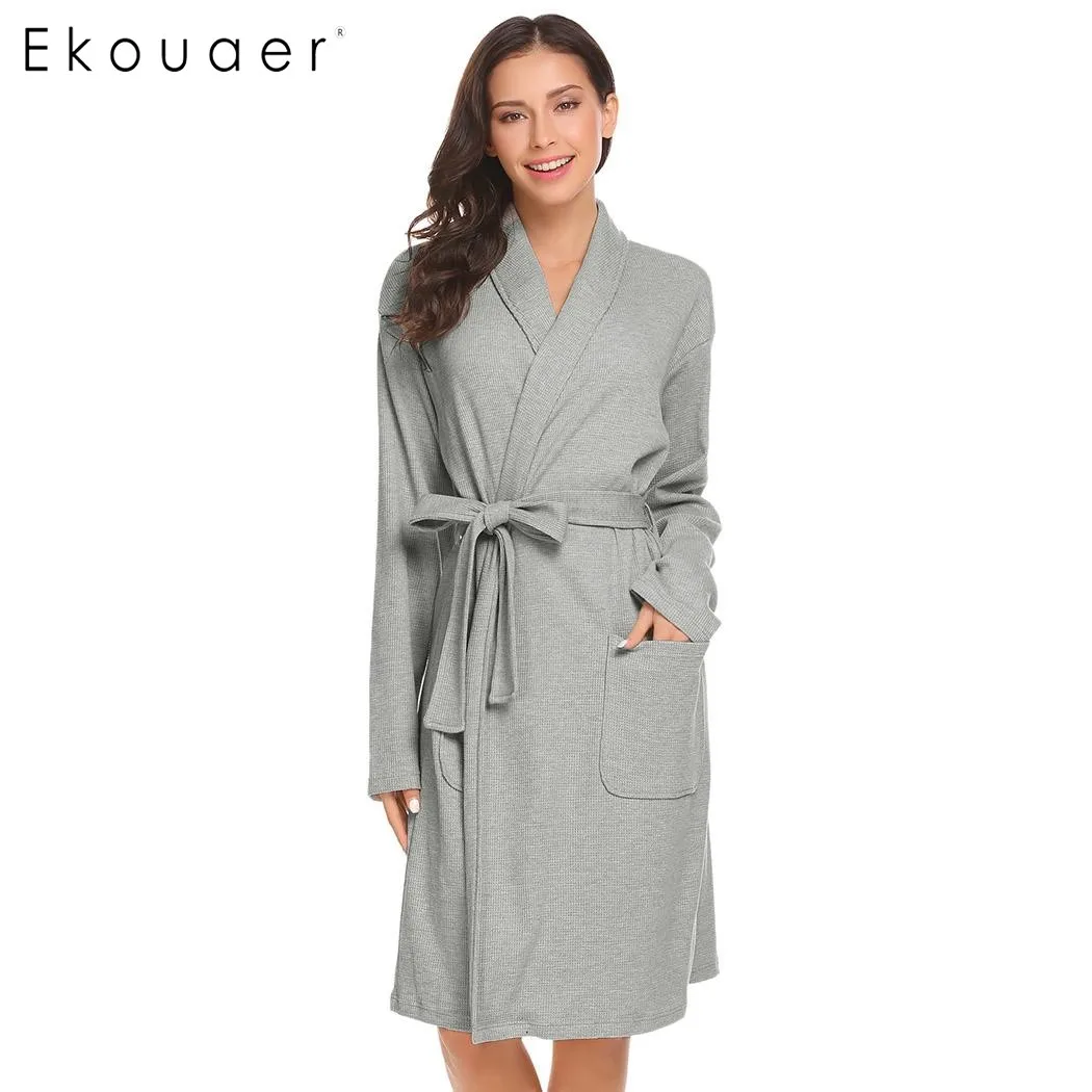 Женский халат Ekouear хлопковый Халат кимоно с длинным рукавом и поясом|dressing gown|woman