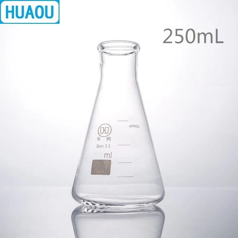 HUAOU 250 мл Erlenmeyer колба боросиликатная 3 стеклянная узкая шейка коническая