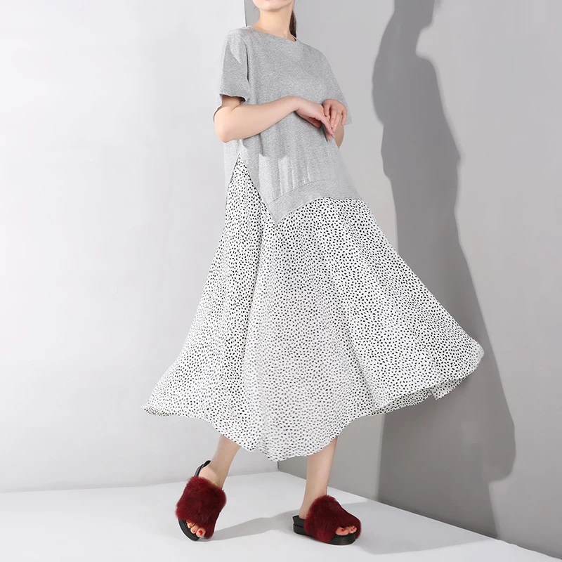 

[EAM] 2019 New Spring Summer Round Neck Short Sleeve Hit Color Dot Printed Loose Temperament Dress Women Fashion Tide JU749