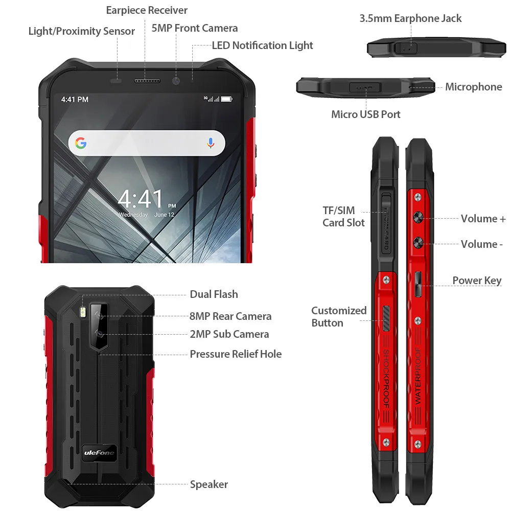 Ulefone Armor X3 Rugged phones  IP68/IP69K Waterproof  5.5 inch 2GB 32GB  8MP 5000mAh face ID Android 9.0 3G Dual SIM Smartphone