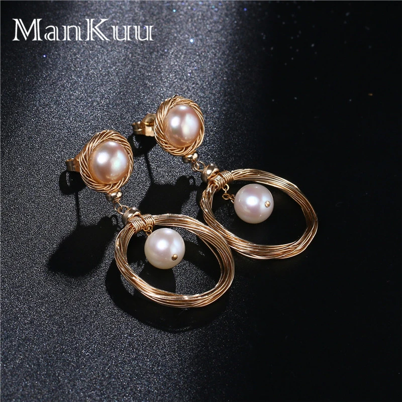 ManKuu New Arrival Baroque Pearl Earrings Round Shape Double Color Pearl 14K Gold Jewelry Freshwater Pearl Earrings For Wedding Fine Jewelry
