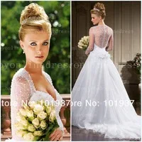 Free Shipping Vestido De Noiva Sexy Sheer Back Hot White Princess Wedding Dresses With Long Sleeves And Removable Skirt / Train