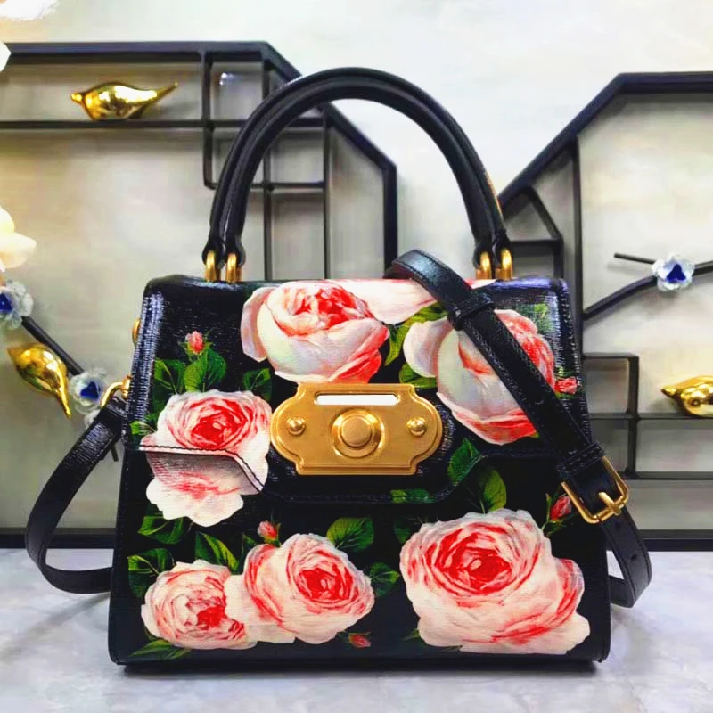 

Luxury Italy Brand Sicily Ethnic Style Bag Sicilian Handbags 2019 European and American Rose with Peony Flower Printing Handbag