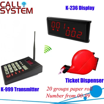 

Queue ticket system dispenser with calling machine and display receiver