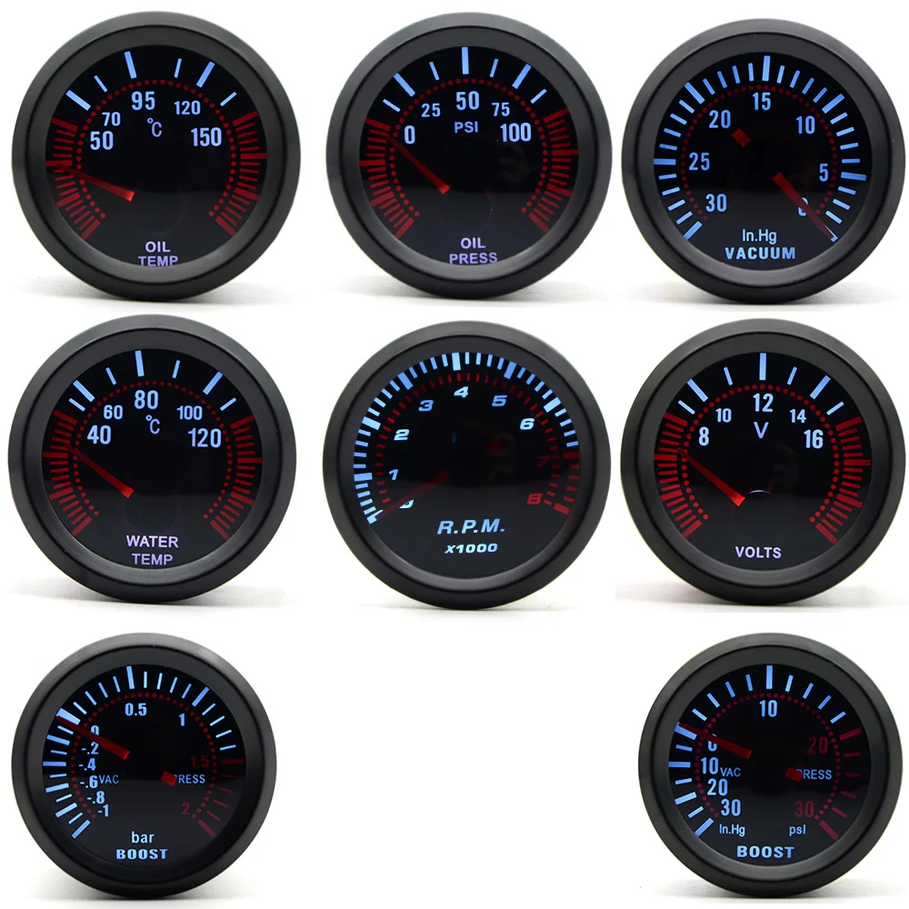 

2" 52mm Smoke lens Boost gauge bar psi/Vacuum/Water temp/Oil temp/Oil pressure/Voltmeter/Tachometer RPM Car Gauge +Gauge Pods