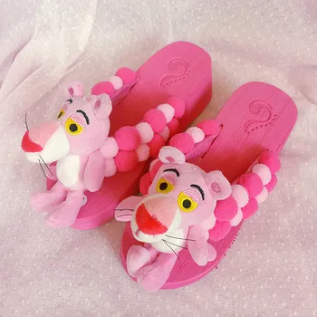 

explosion models cute cartoon handmade pink leopard flip flops female anti-skid sponge cake sweet slippers beach shoes sand