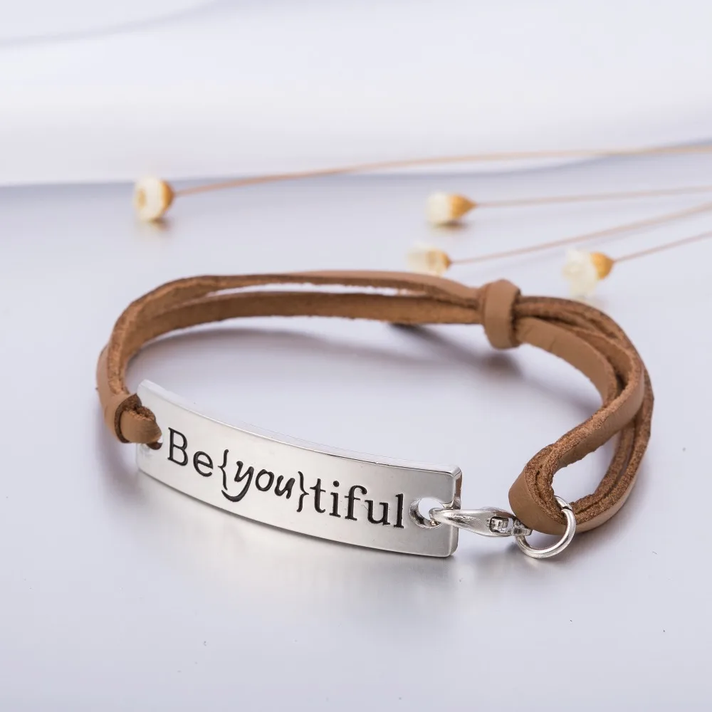 Shiny Silver Tone Engraved Message Be{you}tiful Charm Leather Bracelet