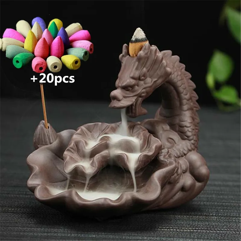 

Dragon Backflow Incense Burner Home Decor Ceramic Insence Stick Holder Aroma Censer + 20pcs Free Incense Cones