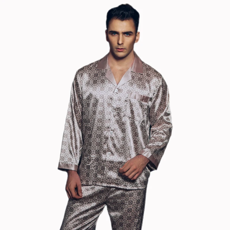 Long sleeve male sleepwear mens Chinese silk satin pajamas set