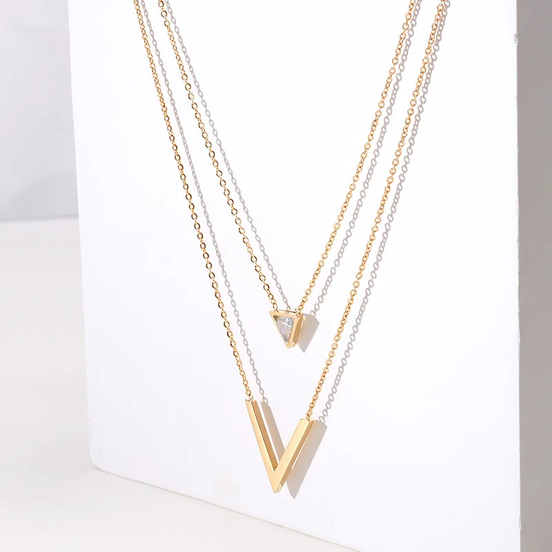 

Vnox V Shape Layered Choker for Women Gold Tone Stainless Steel CZ Stone Temperament Double Layer Female Necklace