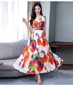 

2019 Summer Long Beach Dress Sleeveless Women Fashion Printed Chiffon Dresses Party Dress Plus Size Big Hem Dress