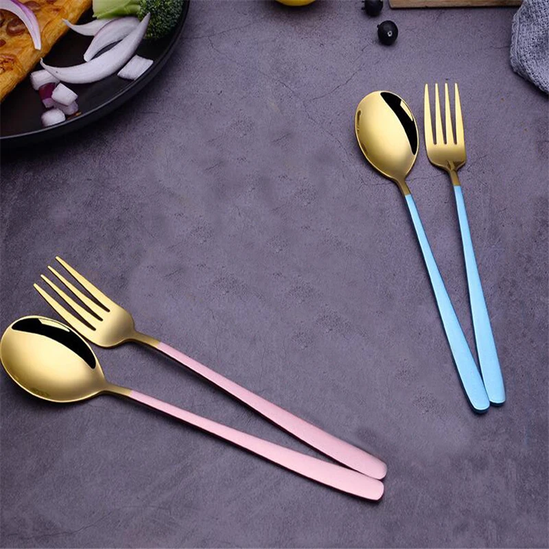 

Stainless Steel Long Handle Spoon Fork Gold Spoon Fork For Ice Cream Dinner Tableware Gold Plated Dessert Tea Coffee Spoons