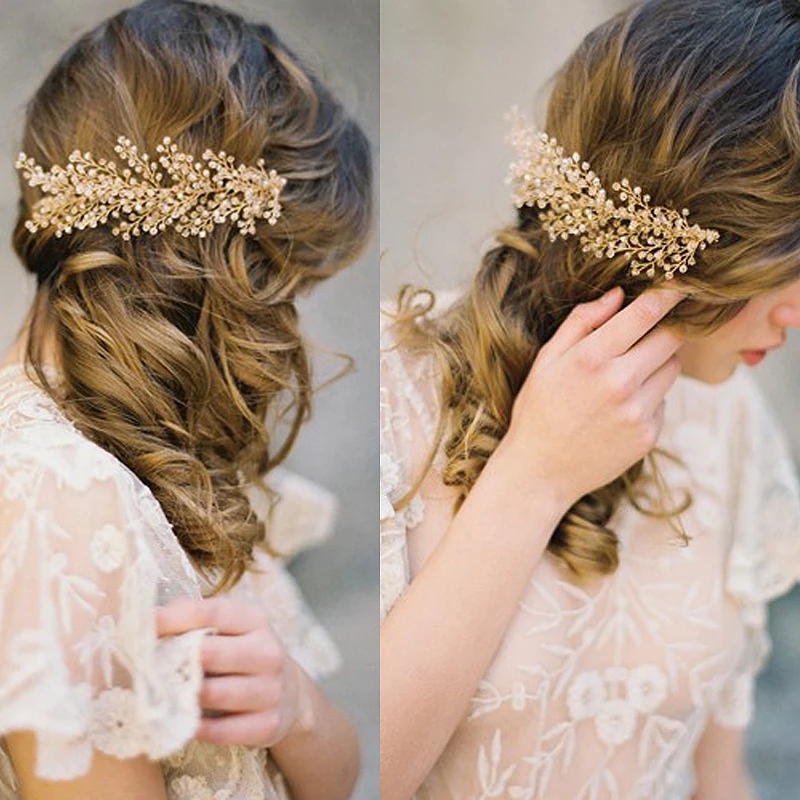 Tuanming Gold Crystal Bridal Hair Combs Handmade Gold Plant Crystal