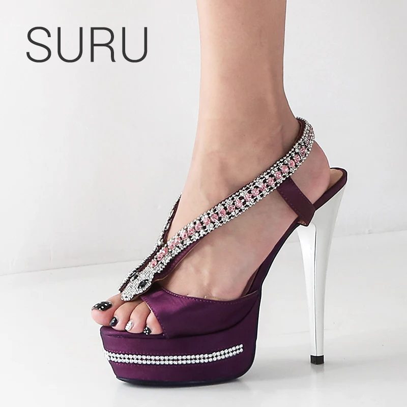 

SURU Bride Bridesmaid Purple Wedding Shoes Platfrom Sandals Women Stain Crystal 14cm High Heels Stilettos Sandals size 35-43