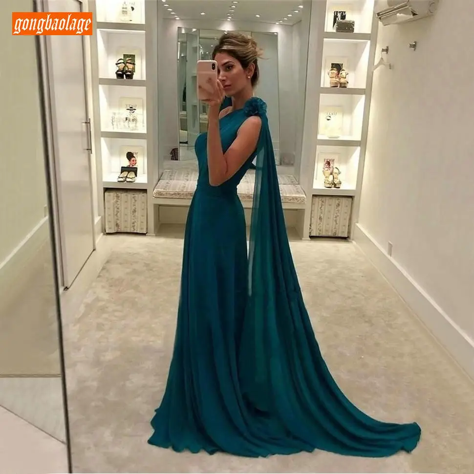 

Fashion Peacock blue One Shoulder Evening Dresses Chiffon A Line Evening Gown Floor Length Custom Made Women Formal Party Dress