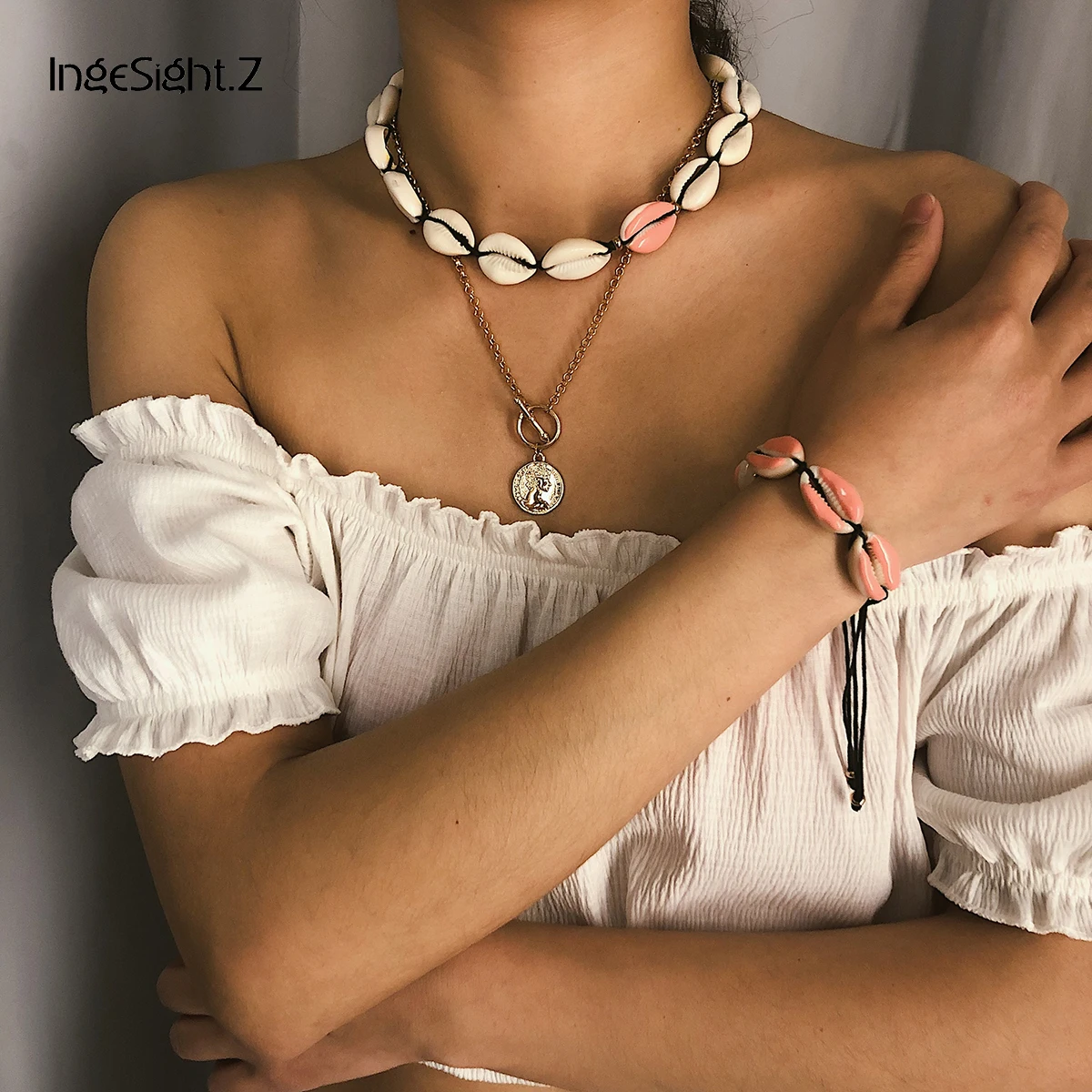 

IngeSight.Z Bohemian Multi Layered Natural Shell Choker Necklace Collar Statement Carved Coin Pendant Necklace for Women Jewelry