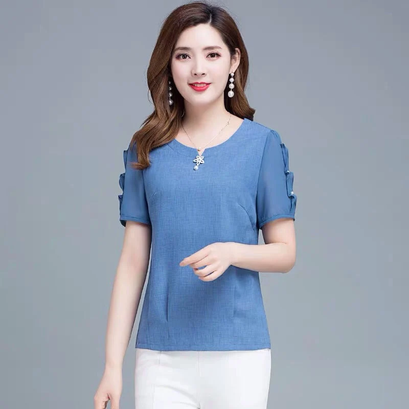 

Fashion Women Summer Style Chiffon Blouses Shirts Lady Casual Short Sleeve O-Neck Blusas Tops Pink Blue DF2647