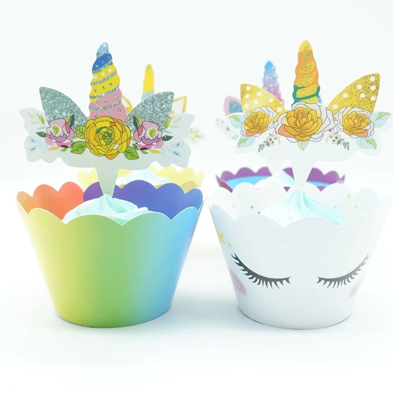 

24Pcs Unicorn Rainbow Cake Toppers Cupcake Wrappers Birthday Party Cake Decoration Baby Shower Unicorn Party Supplies